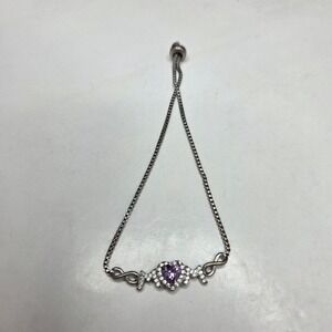 Sun BR Bolo Bracelet Heart Purple Stone Adjustable Silver Tone Box Chain 9in